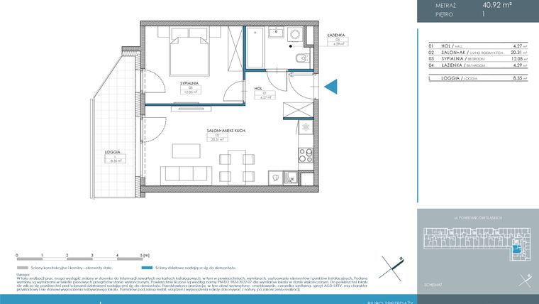 Rzut - Mieszkanie na sprzedaż 2 pokoje o powierzchni 40,92 m² - numer 1.4.1.02 w Nordic Powstańców Śląskich