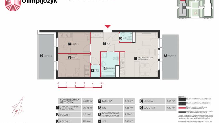Rzut - Mieszkanie na sprzedaż 3 pokoje o powierzchni 56,89 m² - numer D8 w Osiedle Olimpijczyk II etap