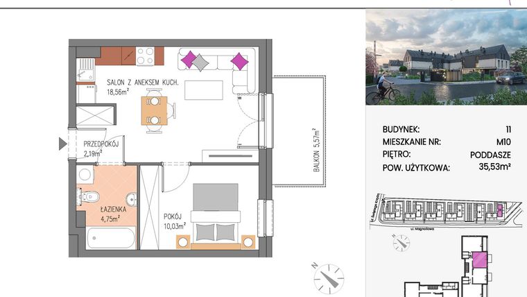 Rzut - Mieszkanie na sprzedaż 2 pokoje o powierzchni 35,53 m² - numer Bud.11-10 w Willa Magnolia