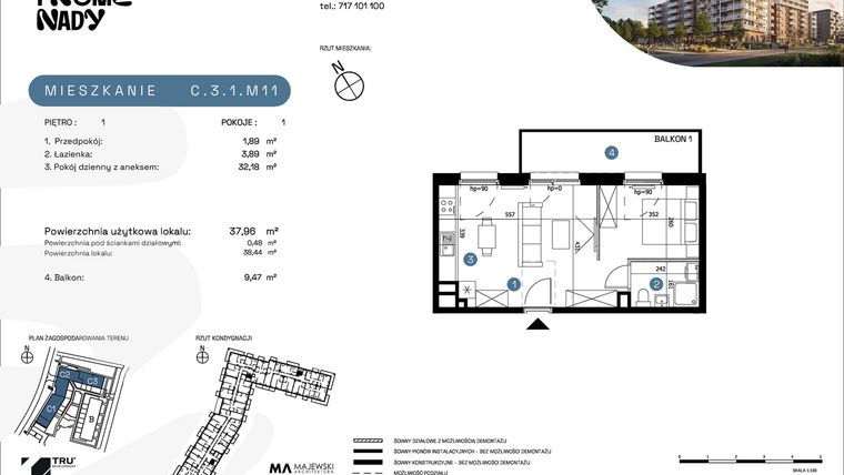 Rzut - Mieszkanie na sprzedaż 1 pokój o powierzchni 37,96 m² - numer C.3.1.M11 w Nowe Promenady etap II