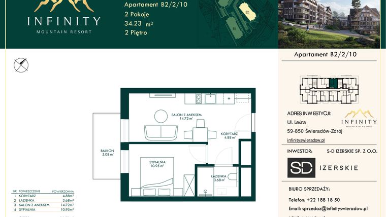 Rzut - Mieszkanie na sprzedaż 2 pokoje o powierzchni 34,23 m² - numer B2.2.10 w Infinity Mountain Resort