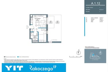 Rzut - Mieszkanie na sprzedaż 1 pokój o powierzchni 30,38 m² - numer A.1.12 w Rakoczego 17