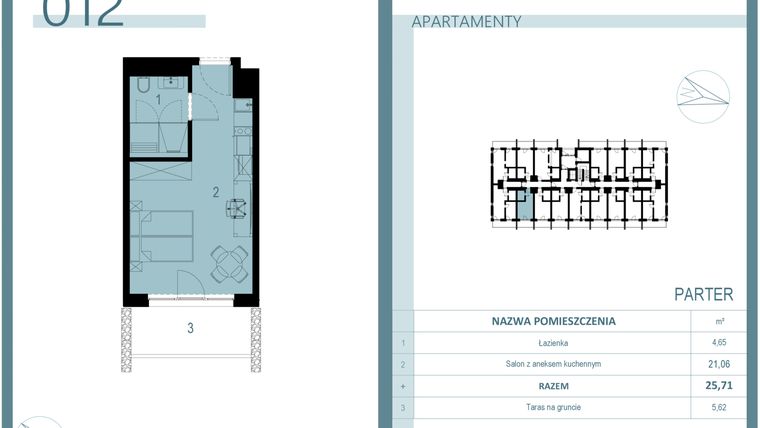 Rzut - Mieszkanie na sprzedaż 1 pokój o powierzchni 25,71 m² - numer 012 w Linea Mare Mrzeżyno