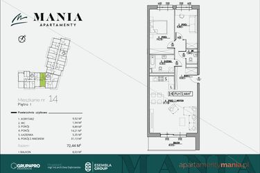 Rzut - Mieszkanie na sprzedaż 3 pokoje o powierzchni 72,44 m² - numer 14 w MANIA Apartamenty