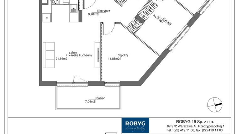 Rzut - Mieszkanie na sprzedaż 4 pokoje o powierzchni 76,45 m² - numer RM/1A/B/1/3 w Rytm Mokotowa - etap 1A