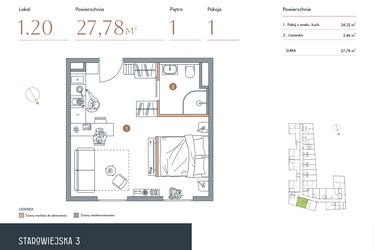 Rzut - Mieszkanie na sprzedaż 1 pokój o powierzchni 27,78 m² - numer 1.20 w Starowiejska 3