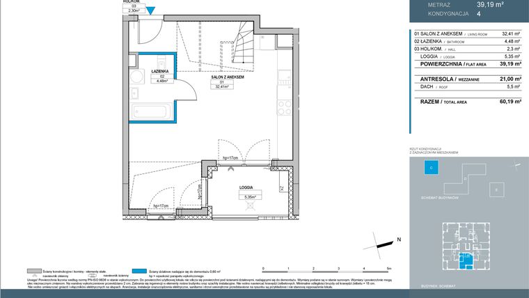 Rzut - Mieszkanie na sprzedaż 2 pokoje o powierzchni 60,19 m² - numer C.4.05 w Nordic Bemowo - etap IV