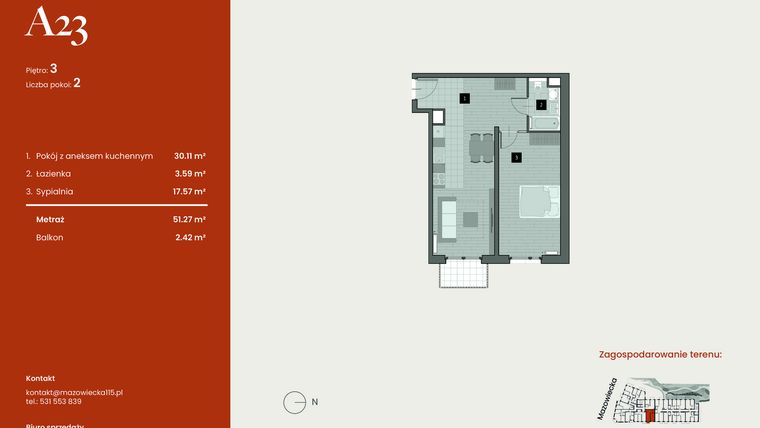 Rzut - Mieszkanie na sprzedaż 2 pokoje o powierzchni 51,27 m² - numer A23 w Mazowiecka 115