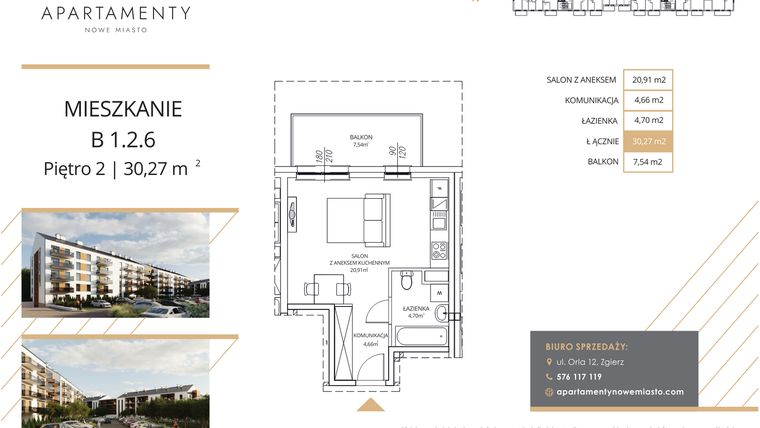 Rzut - Mieszkanie na sprzedaż 1 pokój o powierzchni 30,27 m² - numer B1.2.6 w Apartamenty Nowe Miasto