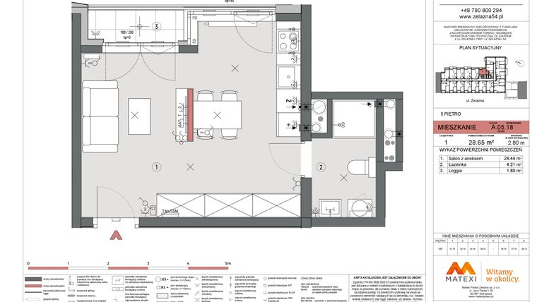 Rzut - Mieszkanie na sprzedaż 1 pokój o powierzchni 28,65 m² - numer A.05.18 w Żelazna 54