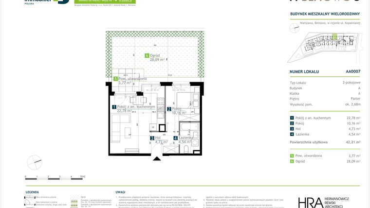 Rzut - Mieszkanie na sprzedaż 2 pokoje o powierzchni 42,21 m² - numer AA0007 w M Bemowo 3