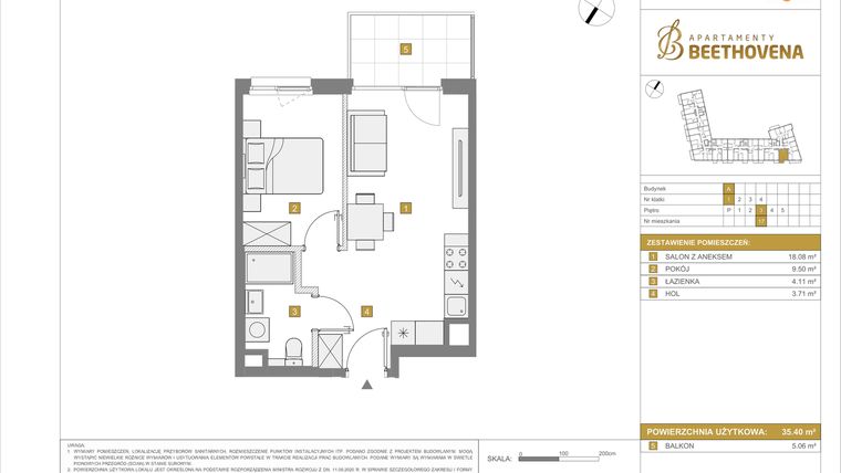 Rzut - Mieszkanie na sprzedaż 2 pokoje o powierzchni 35,4 m² - numer A17 w Apartamenty Beethovena