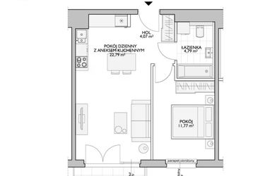 Rzut - Mieszkanie na sprzedaż 2 pokoje o powierzchni 44,58 m² - numer WO/P33/21 w Wiszące Ogrody