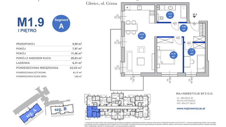 Rzut - Mieszkanie na sprzedaż 3 pokoje o powierzchni 61,17 m² - numer M1.9 w Osiedle Majowe 2.0 etap II