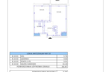 Rzut - Mieszkanie na sprzedaż 2 pokoje o powierzchni 36,47 m² - numer B.10 w Gaja Park