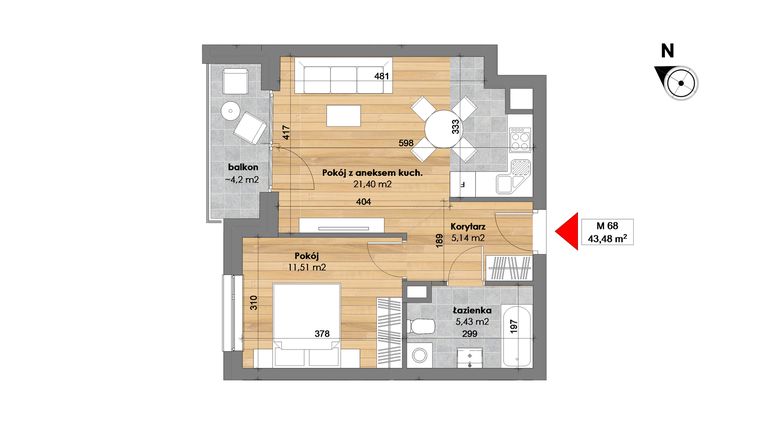 Rzut - Mieszkanie na sprzedaż 2 pokoje o powierzchni 43,48 m² - numer M68 w Przy Kochanowskiego