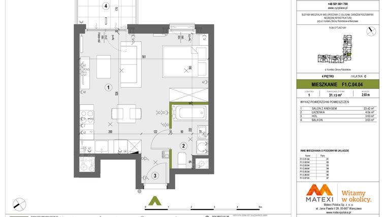 Rzut - Mieszkanie na sprzedaż 1 pokój o powierzchni 31,13 m² - numer F1.C.04.04 w XYZ Place