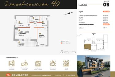 Rzut - Mieszkanie na sprzedaż 3 pokoje o powierzchni 59,05 m² - numer A-1-4 w Iwaszkiewicza 40