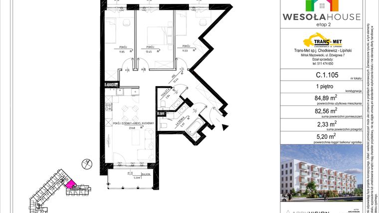 Rzut - Mieszkanie na sprzedaż 4 pokoje o powierzchni 82,35 m² - numer C.1.105 w Wesoła House Etap II