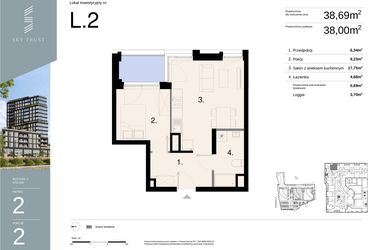 Rzut - Mieszkanie na sprzedaż 2 pokoje o powierzchni 38,69 m² - numer L2 w Sky Trust etap II - Apartamenty inwestycyjne