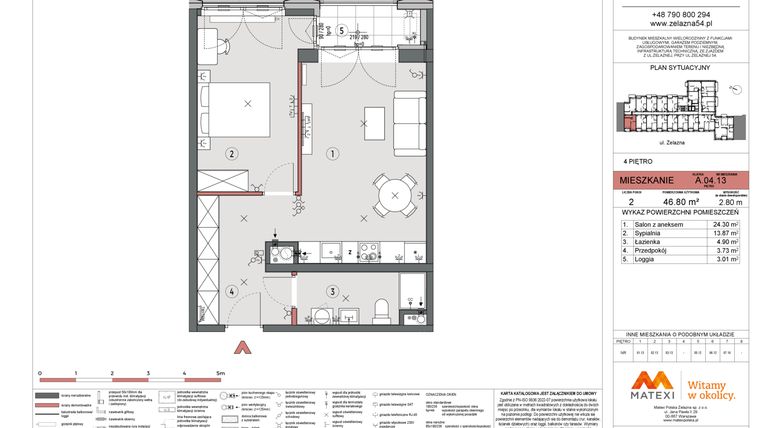 Rzut - Mieszkanie na sprzedaż 2 pokoje o powierzchni 46,8 m² - numer A.04.13 w Żelazna 54