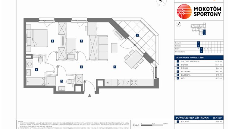 Rzut - Mieszkanie na sprzedaż 3 pokoje o powierzchni 58,14 m² - numer F.7 w Mokotów Sportowy