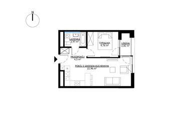 Rzut - Mieszkanie na sprzedaż 2 pokoje o powierzchni 41,09 m² - numer M32 w KrakoVska etap 2