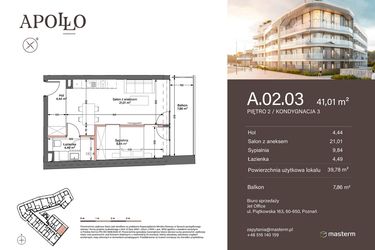 Rzut - Mieszkanie na sprzedaż 2 pokoje o powierzchni 39,78 m² - numer A.2.03 w Apollo Residence