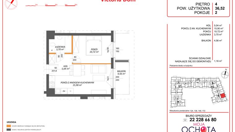 Rzut - Mieszkanie na sprzedaż 2 pokoje o powierzchni 36,52 m² - numer 160 w Moja Ochota