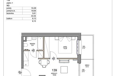 Rzut - Mieszkanie na sprzedaż 2 pokoje o powierzchni 33,53 m² - numer 139 w Rezydencja Liwska 3