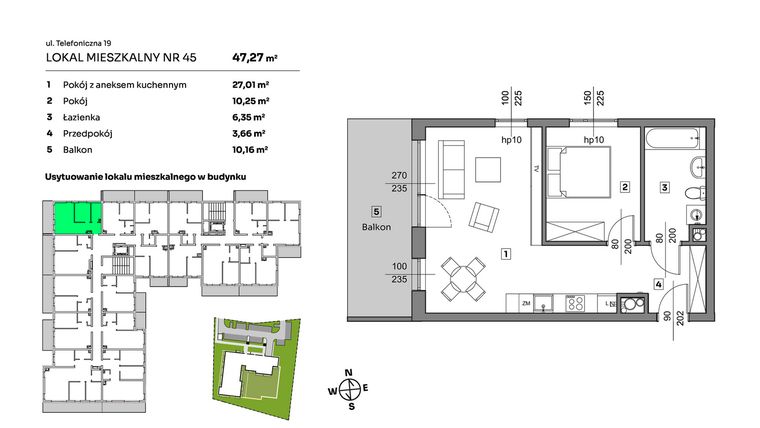 Rzut - Mieszkanie na sprzedaż 2 pokoje o powierzchni 47,27 m² - numer 45 w Nova Radiostacja