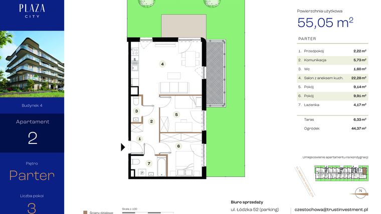 Rzut - Mieszkanie na sprzedaż 3 pokoje o powierzchni 55,05 m² - numer B4M2 w Plaza City