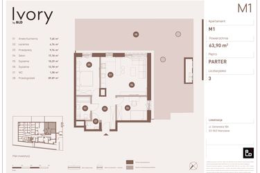 Rzut - Mieszkanie na sprzedaż 3 pokoje o powierzchni 63,9 m² - numer M01 w Ivory