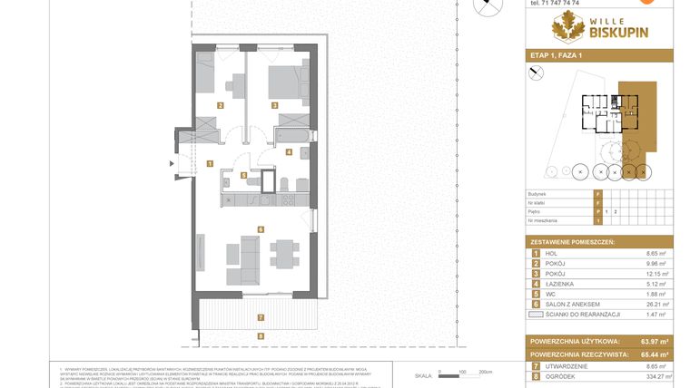 Rzut - Mieszkanie na sprzedaż 3 pokoje o powierzchni 63,97 m² - numer F.1 w Wille Biskupin
