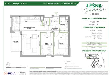 Rzut - Mieszkanie na sprzedaż 3 pokoje o powierzchni 73,61 m² - numer A.1.7 w Leśna Sonata