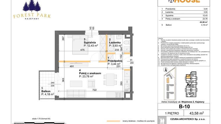 Rzut - Mieszkanie na sprzedaż 2 pokoje o powierzchni 43,58 m² - numer B.10 w Forest Park Kajetany