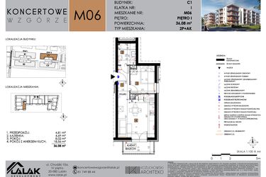 Rzut - Mieszkanie na sprzedaż 2 pokoje o powierzchni 36,08 m² - numer C1_M6 w Koncertowe Wzgórze etap II