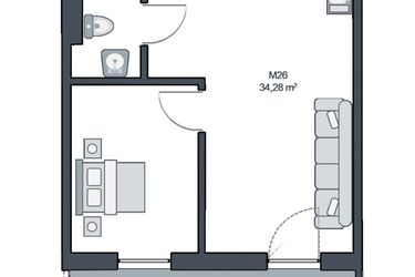 Rzut - Mieszkanie na sprzedaż 2 pokoje o powierzchni 34,28 m² - numer M26 w TARASY GĄSKI
