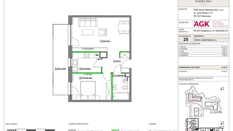 Rzut - Mieszkanie na sprzedaż 2 pokoje o powierzchni 51,3 m² - numer NN-B-LM-25 w Nowa Nakielska by PHN