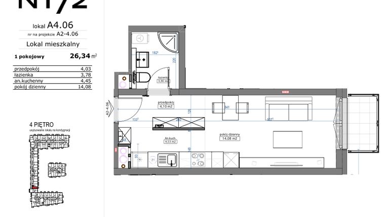 Rzut - Mieszkanie na sprzedaż 1 pokój o powierzchni 26,34 m² - numer A4.06 w Naramowicka 172