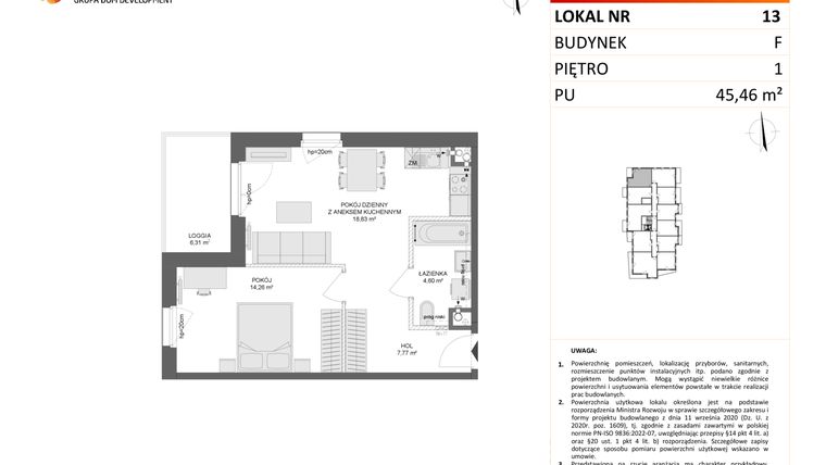 Rzut - Mieszkanie na sprzedaż 2 pokoje o powierzchni 45,73 m² - numer F.13 w Osiedle Synteza etap IV