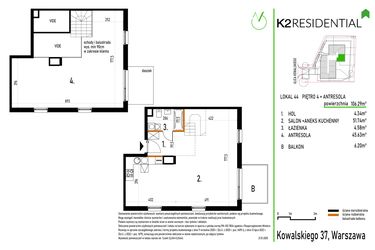 Rzut - Mieszkanie na sprzedaż 1 pokój o powierzchni 106,29 m² - numer 44 w Kowalskiego 37