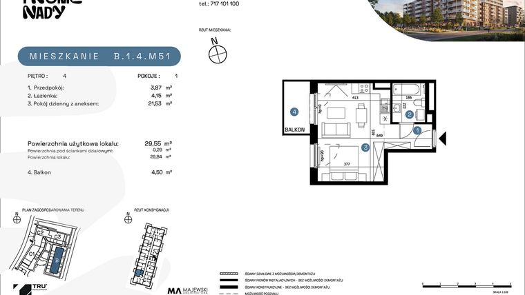 Rzut - Mieszkanie na sprzedaż 1 pokój o powierzchni 29,55 m² - numer B.1.4.M51 w Nowe Promenady etap II