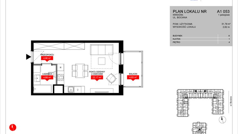 Rzut - Mieszkanie na sprzedaż 1 pokój o powierzchni 31,79 m² - numer A1 053 w Osiedle Bociana 5