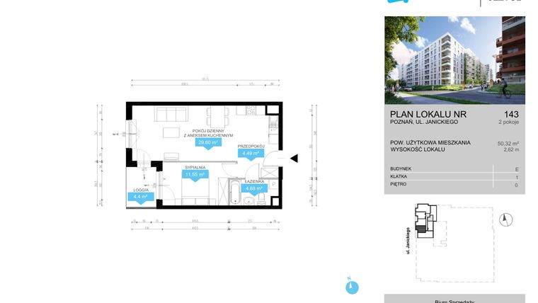 Rzut - Mieszkanie na sprzedaż 2 pokoje o powierzchni 50,32 m² - numer CDEF.143 w Wieża Jeżyce etap II