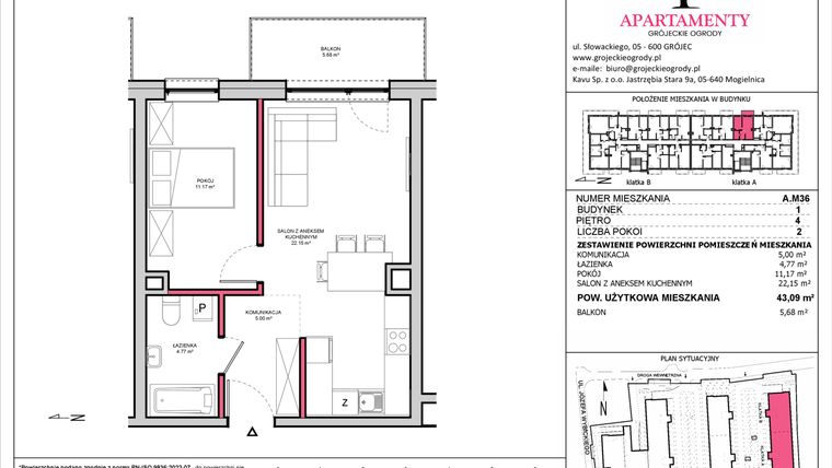Rzut - Mieszkanie na sprzedaż 2 pokoje o powierzchni 43,09 m² - numer A.36 w Apartamenty Grójeckie Ogrody