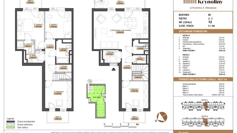 Rzut - Mieszkanie na sprzedaż 5 pokoi o powierzchni 109,31 m² - numer 12.B3 w Apartamenty Krynoliny