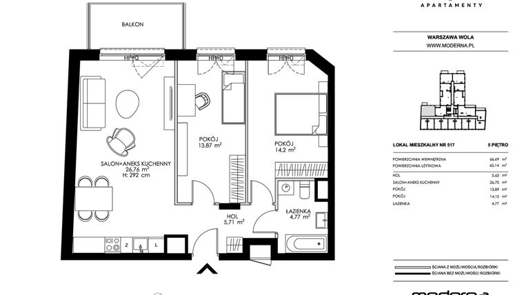 Rzut - Mieszkanie na sprzedaż 3 pokoje o powierzchni 65,14 m² - numer 517 w Chronos