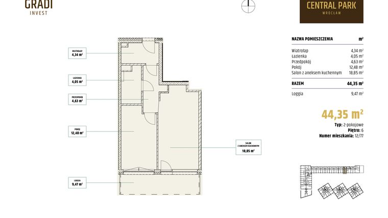 Rzut - Mieszkanie na sprzedaż 2 pokoje o powierzchni 44,35 m² - numer 12.77 w Apartamenty Central Park Wrocław