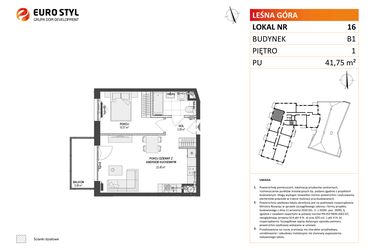 Rzut - Mieszkanie na sprzedaż 2 pokoje o powierzchni 41,75 m² - numer 16 w Leśna Góra